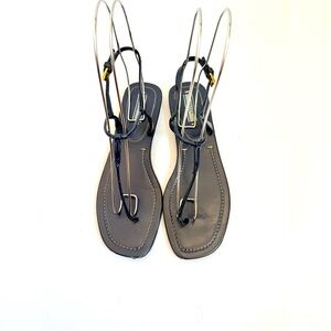 Prada Dark Navy blue leather T strap square toe flat thong sandals EU 38